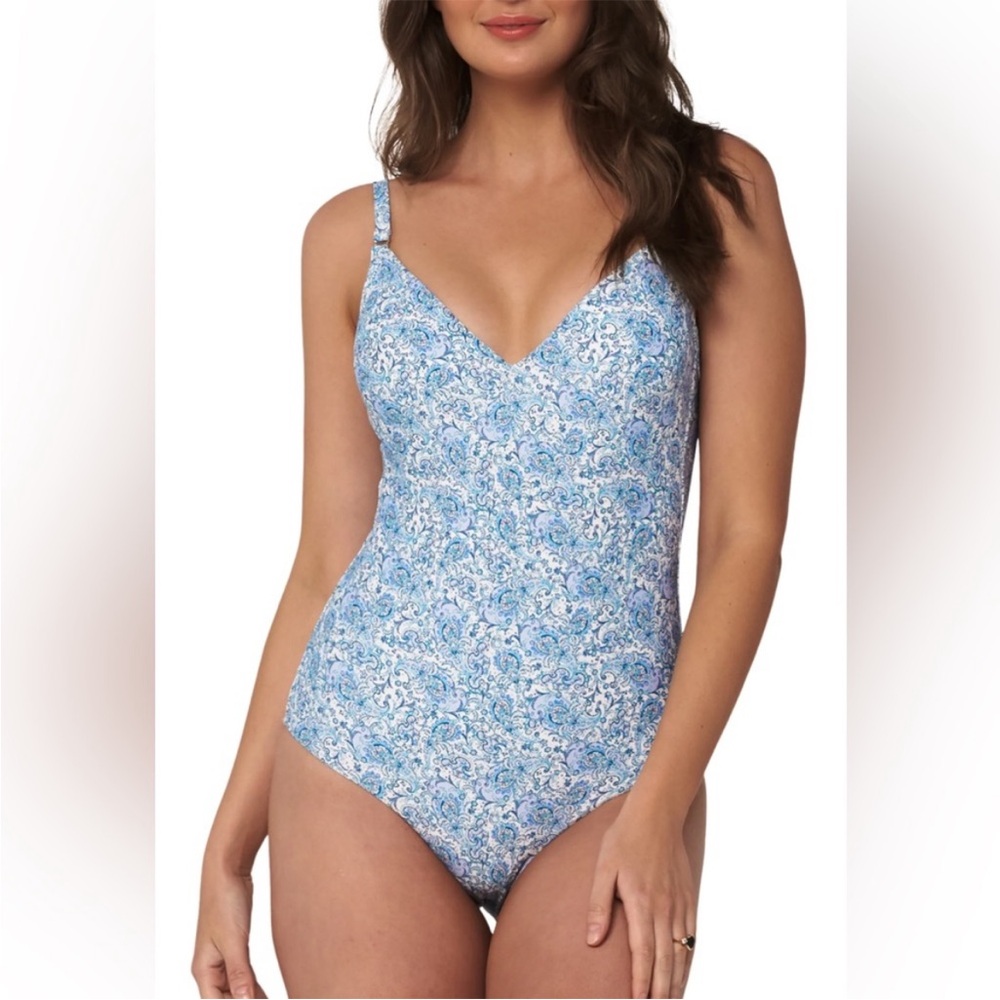 Monte & Lou Hidden Underwire DD/E V Neck Maillot US size 2 (AU8) Blue/White Swim